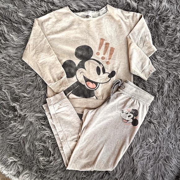 Disney Mickey Mouse 2 Piece Sweatshirt Jogger Sweatpants Set Tan Heather S - Picture 1 of 15